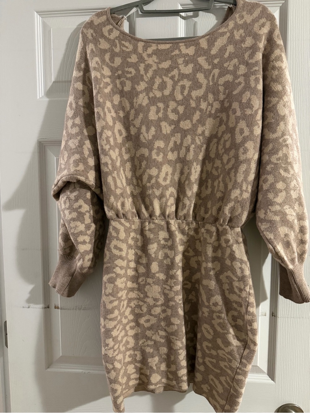 Lulu's Taupe and Cream Leopard-Print Knit Long-Sleeve Dress